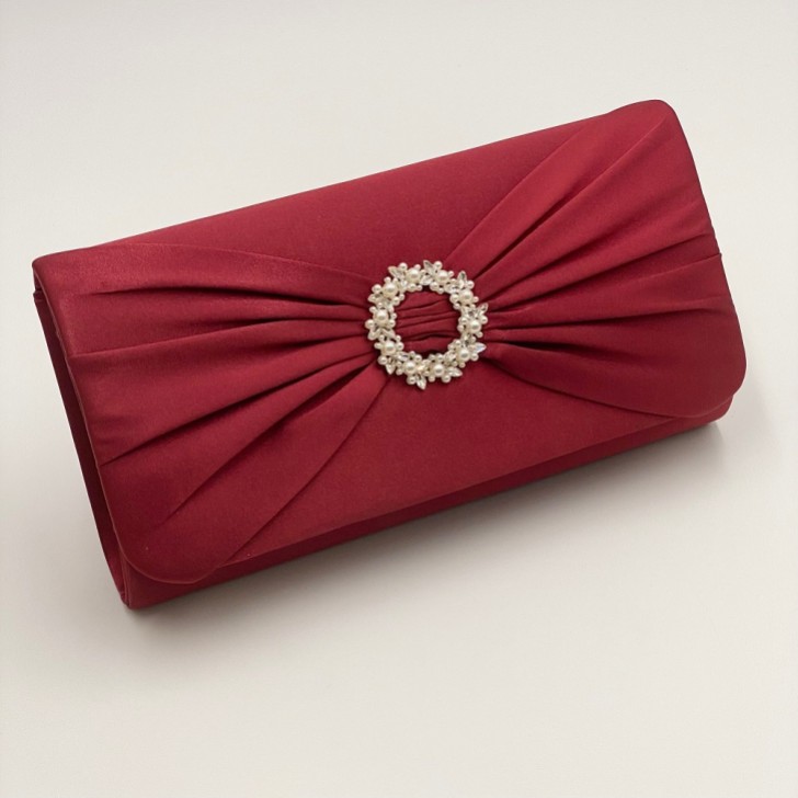 Perfect Bridal Harlow Berry Satin Pearl Brooch Clutch Bag