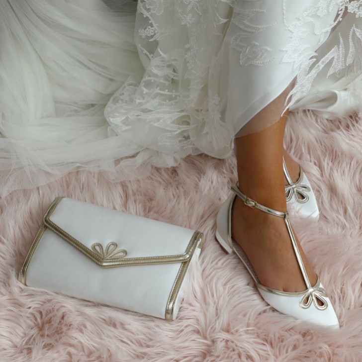 Perfect Bridal Harper Dyeable Ivory Satin and Gold T-Bar Flats