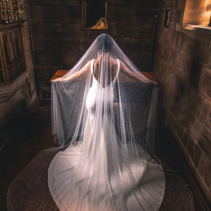 Perfect Bridal Ivory Two Tier Heavily Embellished Pearl Cathedral Veil