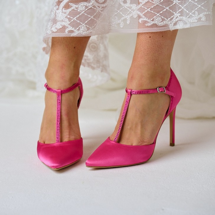 Perfect Bridal Jessica Fuchsia Satin High Heel Diamante T-Bar Shoes