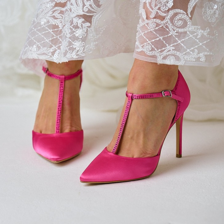 Perfect Bridal Jessica Fuchsia Satin High Heel Diamante T-Bar Shoes