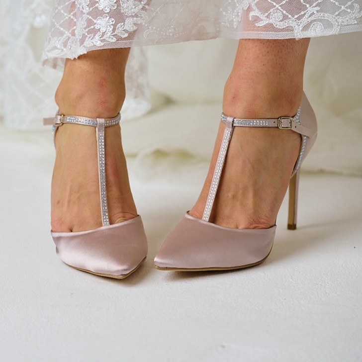 Perfect Bridal Jessica Taupe Satin High Heel Diamante T-Bar Shoes