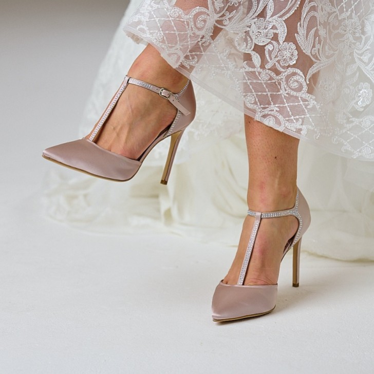 Perfect Bridal Jessica Taupe Satin High Heel Diamante T-Bar Shoes