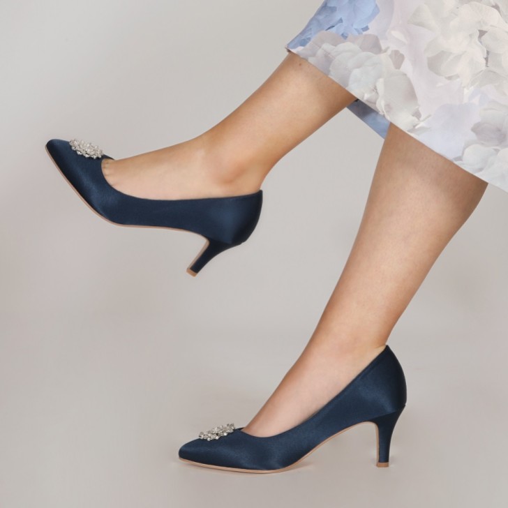 Perfect Bridal Katrin Navy Satin Mid Heel Court Shoes with Crystal Trim