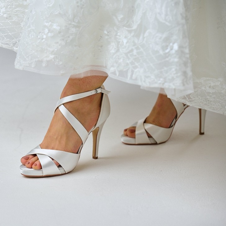 Perfect Bridal Kendall Dyeable Ivory Satin High Heel Cross Strap Platform Sandals