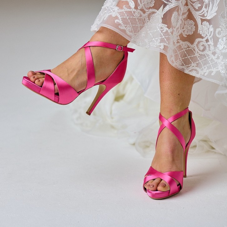 Perfect Bridal Kendall Fuchsia Satin High Heel Cross Strap Platform Sandals