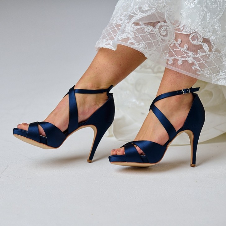 Perfect Bridal Kendall Navy Satin High Heel Cross Strap Platform Sandals