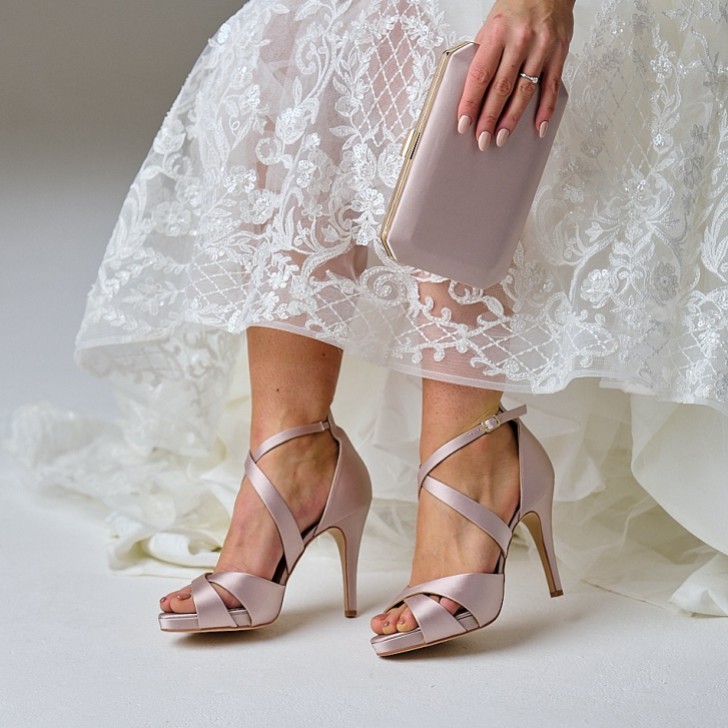 Perfect Bridal Kendall Taupe Satin High Heel Cross Strap Platform Sandals