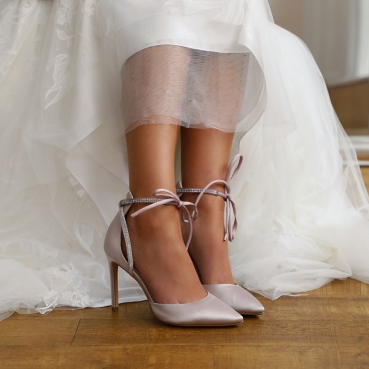 Perfect Bridal Kimi Taupe Satin Tie Up Court Shoes with Diamante Detail