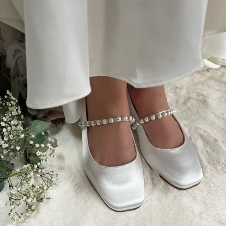 Perfect Bridal Kinsley Dyeable Ivory Satin Low Block Heels with Pearl Strap