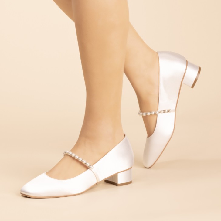 Perfect Bridal Kinsley Dyeable Ivory Satin Low Block Heels with Pearl Strap