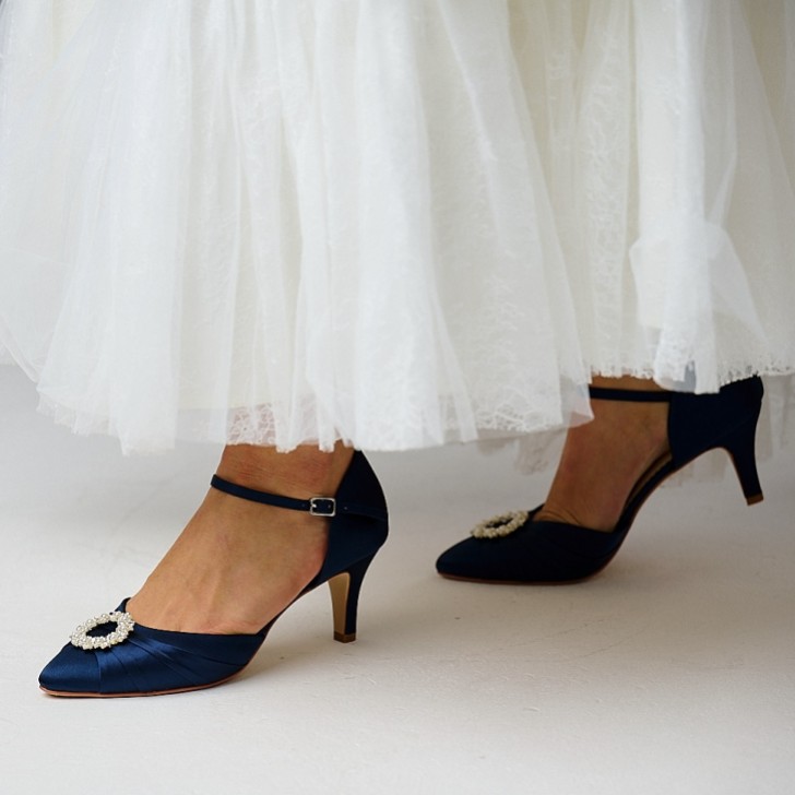 Perfect Bridal Kitty Navy Satin Pearl Brooch Two Part Court Shoes