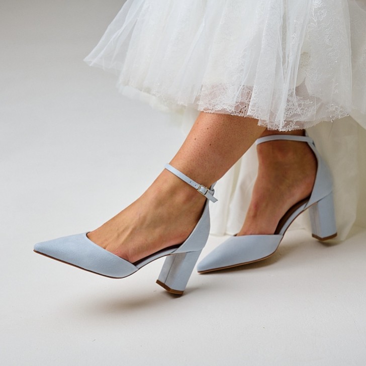 Perfect Bridal Liberty Blue Suede Block Heel Ankle Strap Court Shoes