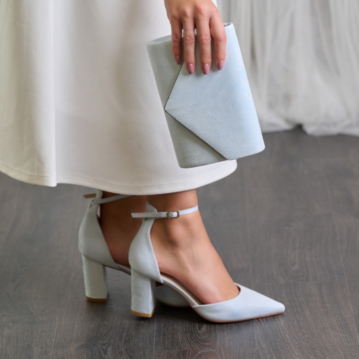 Perfect Bridal Liberty Blue Suede Block Heel Ankle Strap Court Shoes