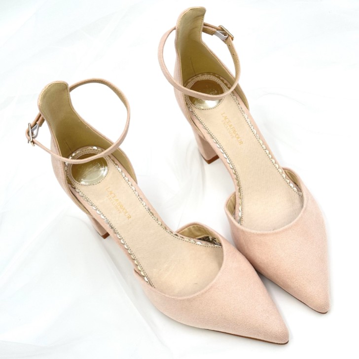 Perfect Bridal Liberty Blush Suede Block Heel Ankle Strap Court Shoes