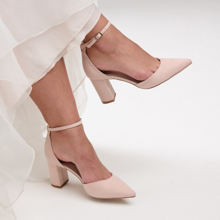 Perfect Bridal Liberty Blush Suede Block Heel Ankle Strap Court Shoes