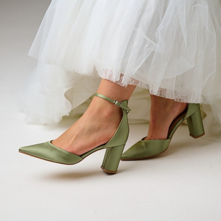 Perfect Bridal Liberty Olive Green Satin Block Heel Ankle Strap Court Shoes