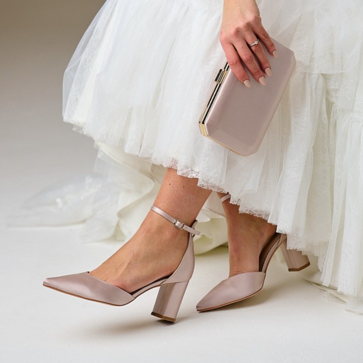 Perfect Bridal Liberty Taupe Satin Block Heel Ankle Strap Court Shoes