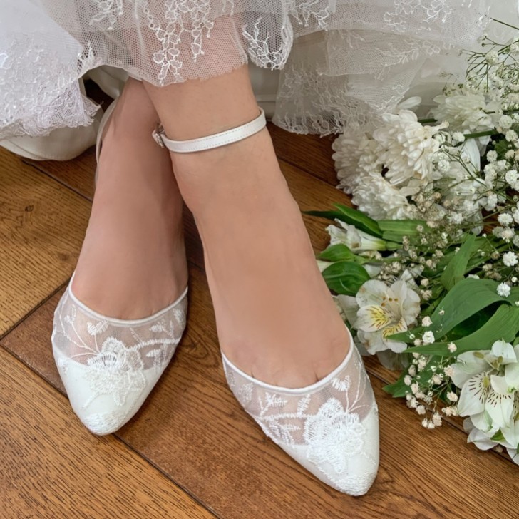 Perfect Bridal London Ivory Lace Low Block Heel Ankle Strap Shoes