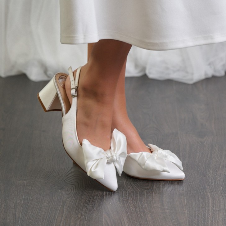 Perfect Bridal Luella Ivory Satin Bow Block Heel Slingbacks (Wide Fit)