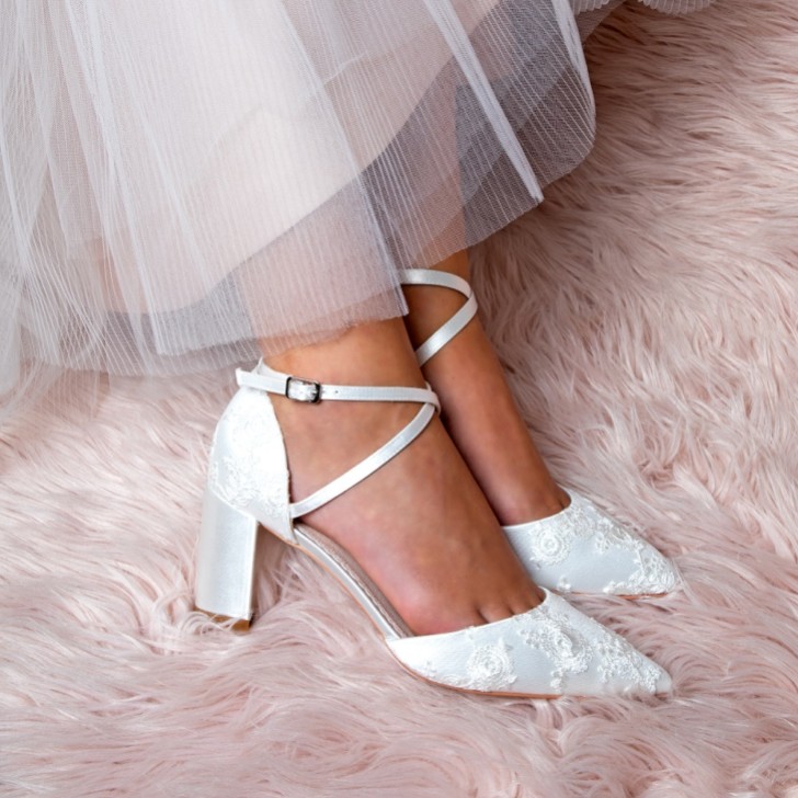 Perfect Bridal Maisie Dyeable Ivory Lace Block Heel Cross Strap Court Shoes