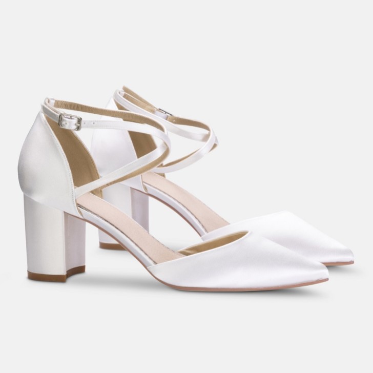 Perfect Bridal Maisie Dyeable Ivory Satin Block Heel Cross Strap Court Shoes