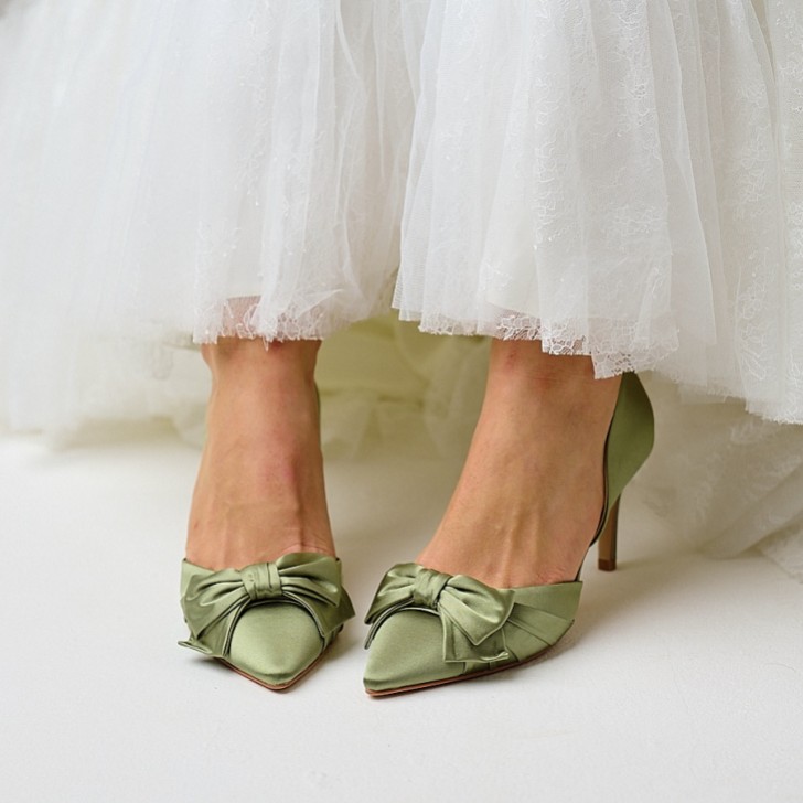 Perfect Bridal Margo Olive Green Satin Mid Heel Bow Court Shoes