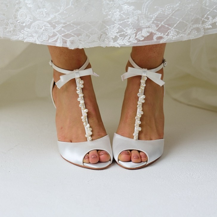Perfect Bridal Morgan Dyeable Ivory Satin Keshi Pearl T-Bar Sandals with Bow Detail