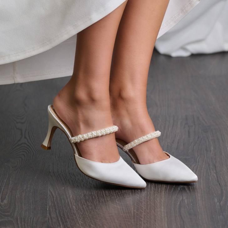 Perfect Bridal Nadine Ivory Satin Pointed Pearl Mules
