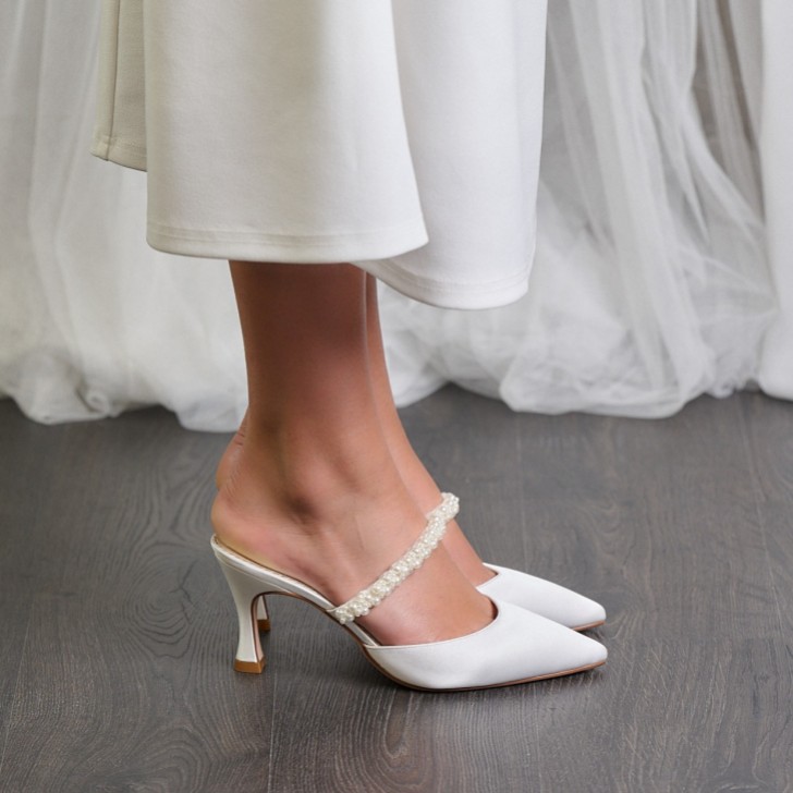 Perfect Bridal Nadine Ivory Satin Pointed Pearl Mules
