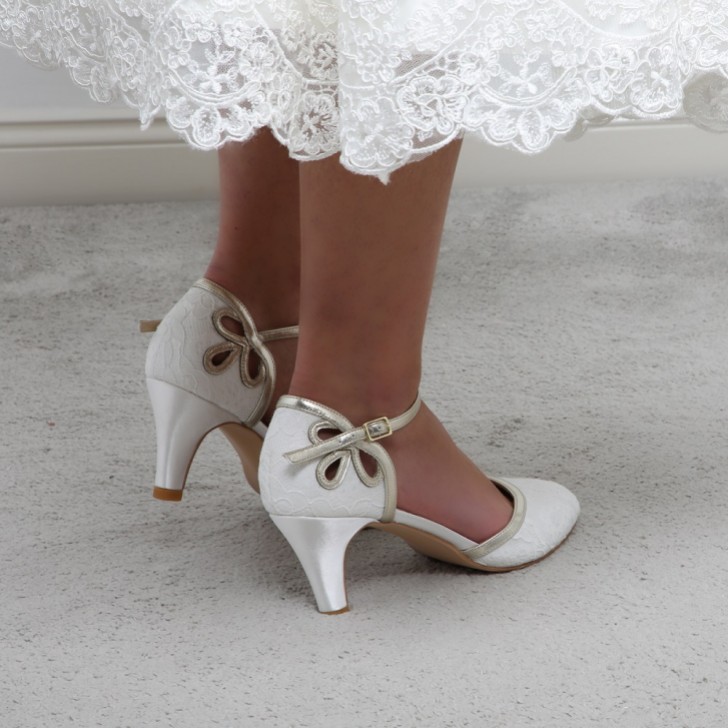 Perfect Bridal Nina Dyeable Ivory Lace and Gold Ankle Strap Shoes
