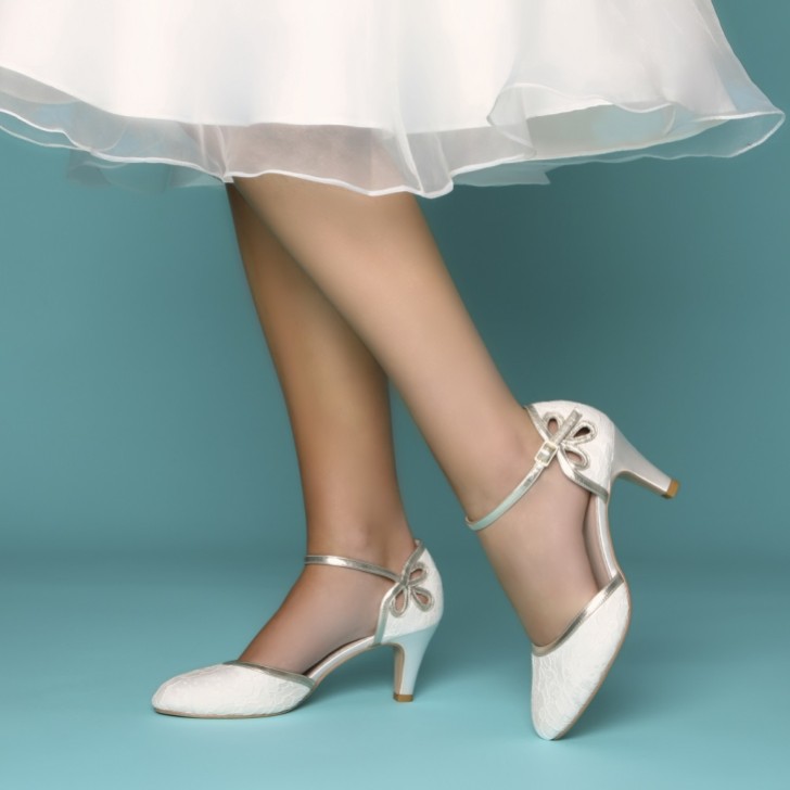 Perfect Bridal Nina Dyeable Ivory Lace and Gold Ankle Strap Shoes