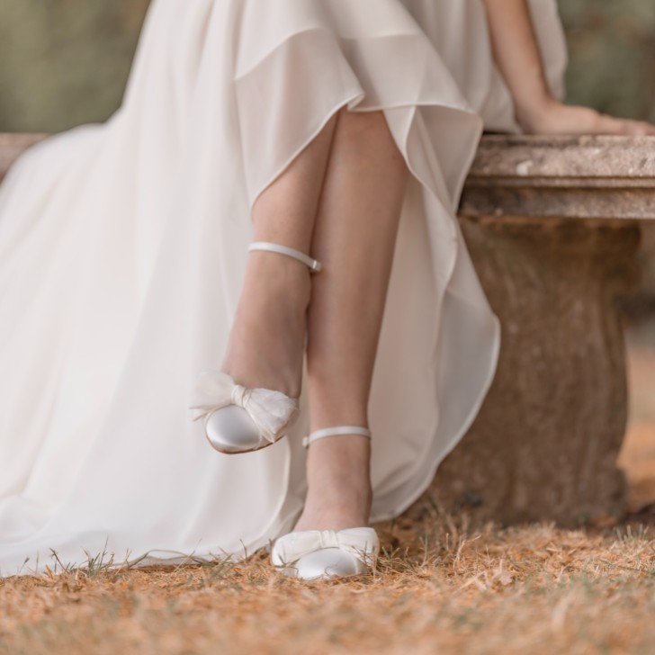 Perfect Bridal Paige Ivory Satin Ankle Strap Bridal Flats with Bow