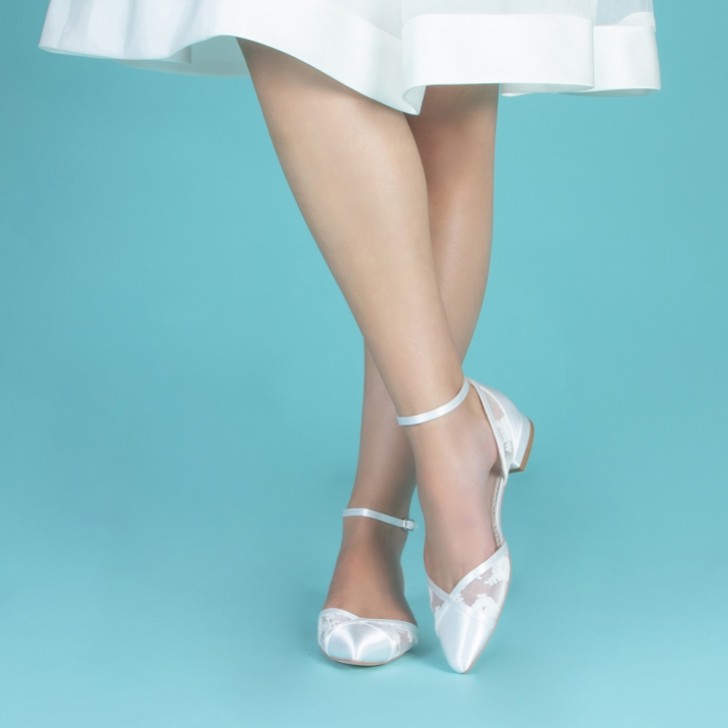 Perfect Bridal Penny Ivory Satin and Lace Ankle Strap Flats