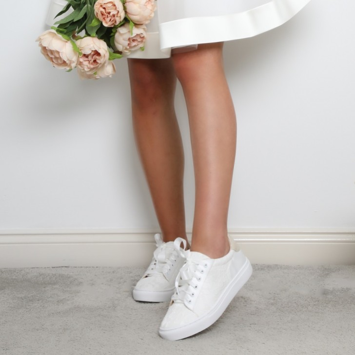 Perfect Bridal Pia Ivory Lace Wedding Sneakers with Satin Ribbon