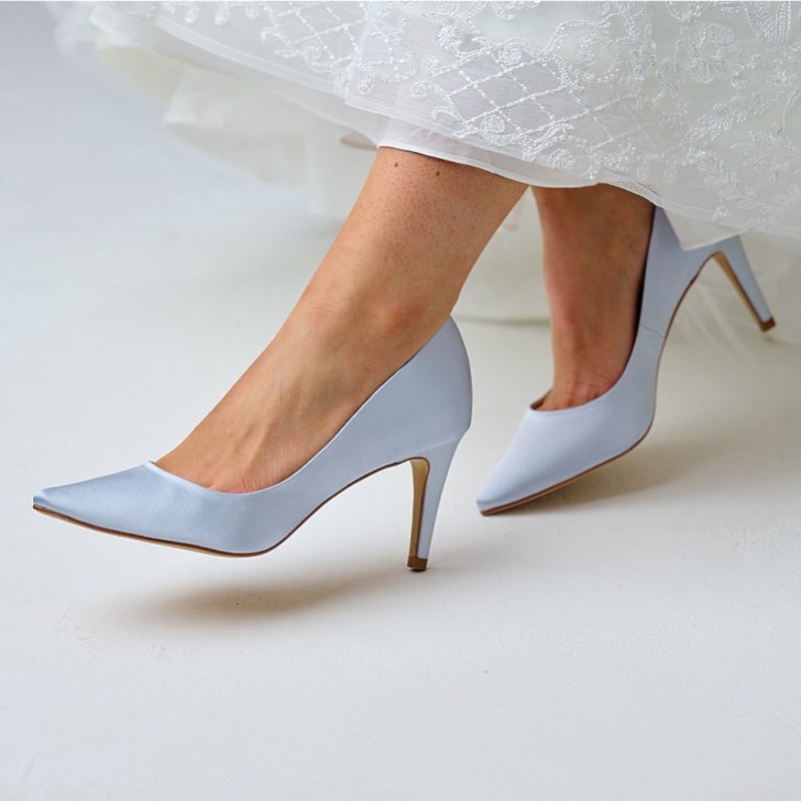 Perfect Bridal Rachel Blue Satin Mid Heel Pointed Court Shoes