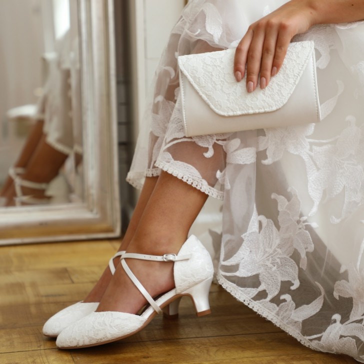 Perfect Bridal Renate Dyeable Ivory Lace Low Heel Courts with Crossover Straps