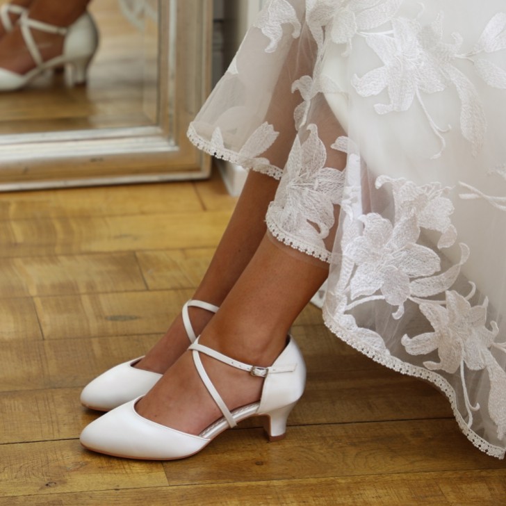 Perfect Bridal Renate Dyeable Ivory Satin Low Heel Courts with Crossover Straps (Wide Fit)