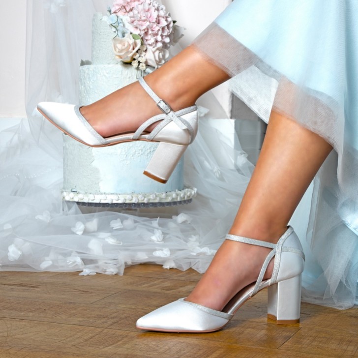Perfect Bridal Robyn Dyeable Ivory Satin and Silver Glitter Block Heel Court Shoes