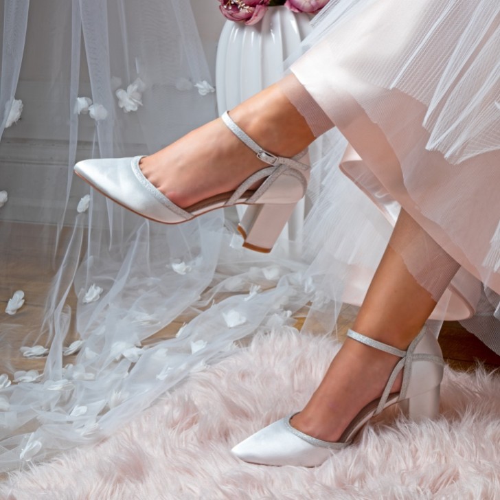 Perfect Bridal Robyn Dyeable Ivory Satin and Silver Glitter Block Heel Court Shoes