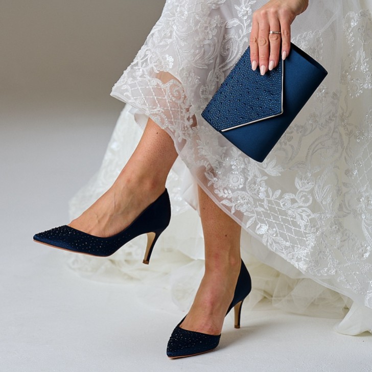 Perfect Bridal Sienna Navy Satin Crystal Open Waist Pointed Courts