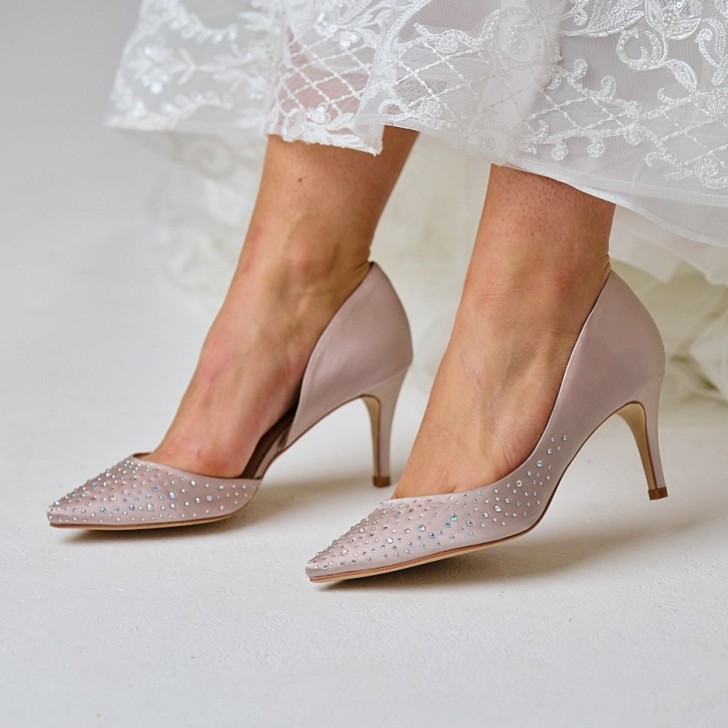 Perfect Bridal Sienna Taupe Satin Crystal Open Waist Pointed Courts