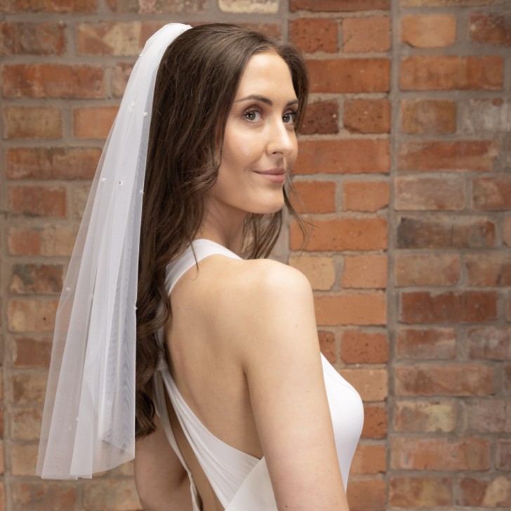 Perfect Bridal Ivory Single Tier Cut Edge Scattered Crystal Short Veil