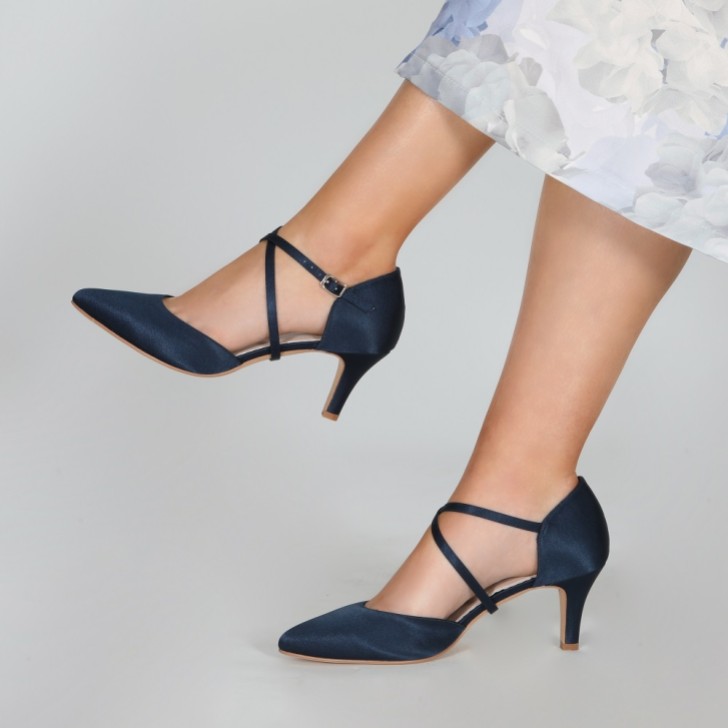 Perfect Bridal Sonya Navy Satin Mid Heel Courts with Crossover Straps