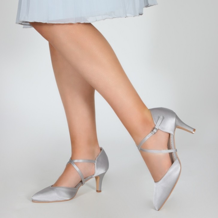 Perfect Bridal Sonya Silver Satin Mid Heel Courts with Crossover Straps