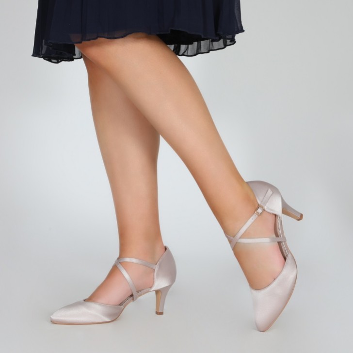 Perfect Bridal Sonya Taupe Satin Mid Heel Courts with Crossover Straps