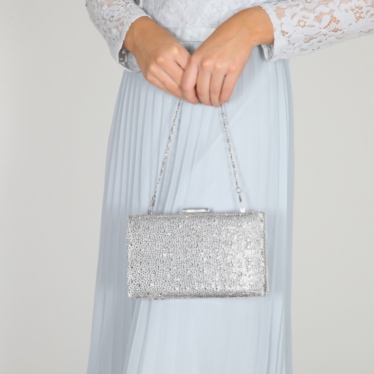 Perfect Bridal Sorrel Silver Sparkly Diamante Box Clutch Bag