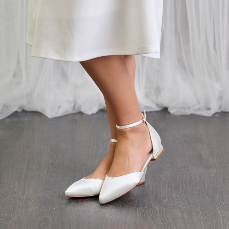 Perfect Bridal Tilly Dyeable Ivory Satin Ankle Strap Flats (Wide Fit)
