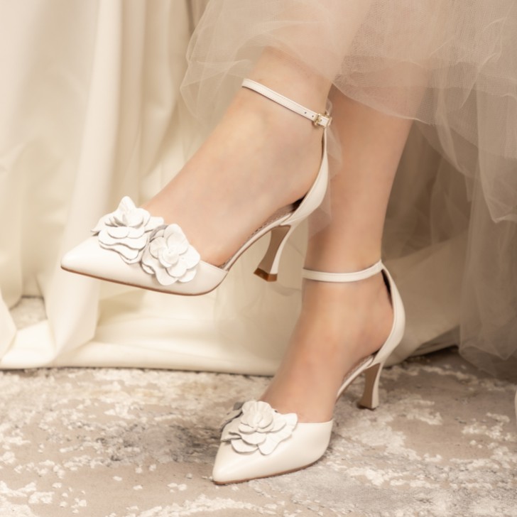 Perfect Bridal Valentina Ivory Leather Floral Ankle Strap Court Shoes