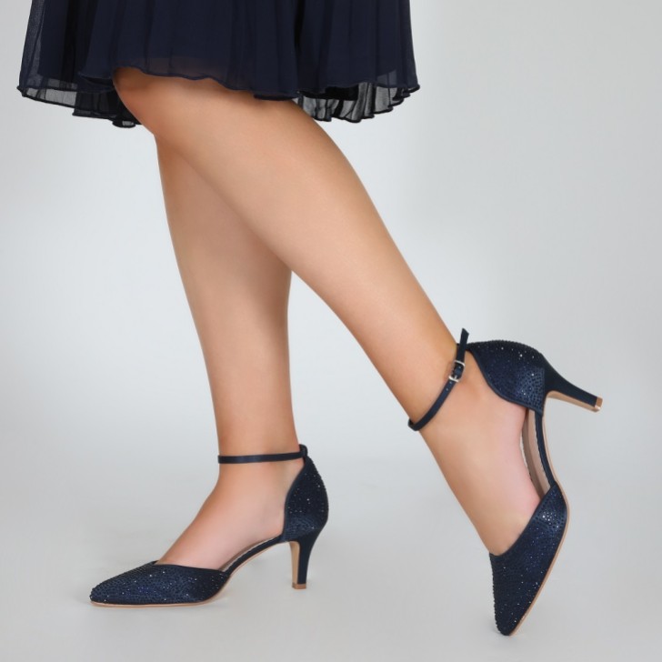 Perfect Bridal Xena Navy Crystal Embellished Ankle Strap Court Shoes
